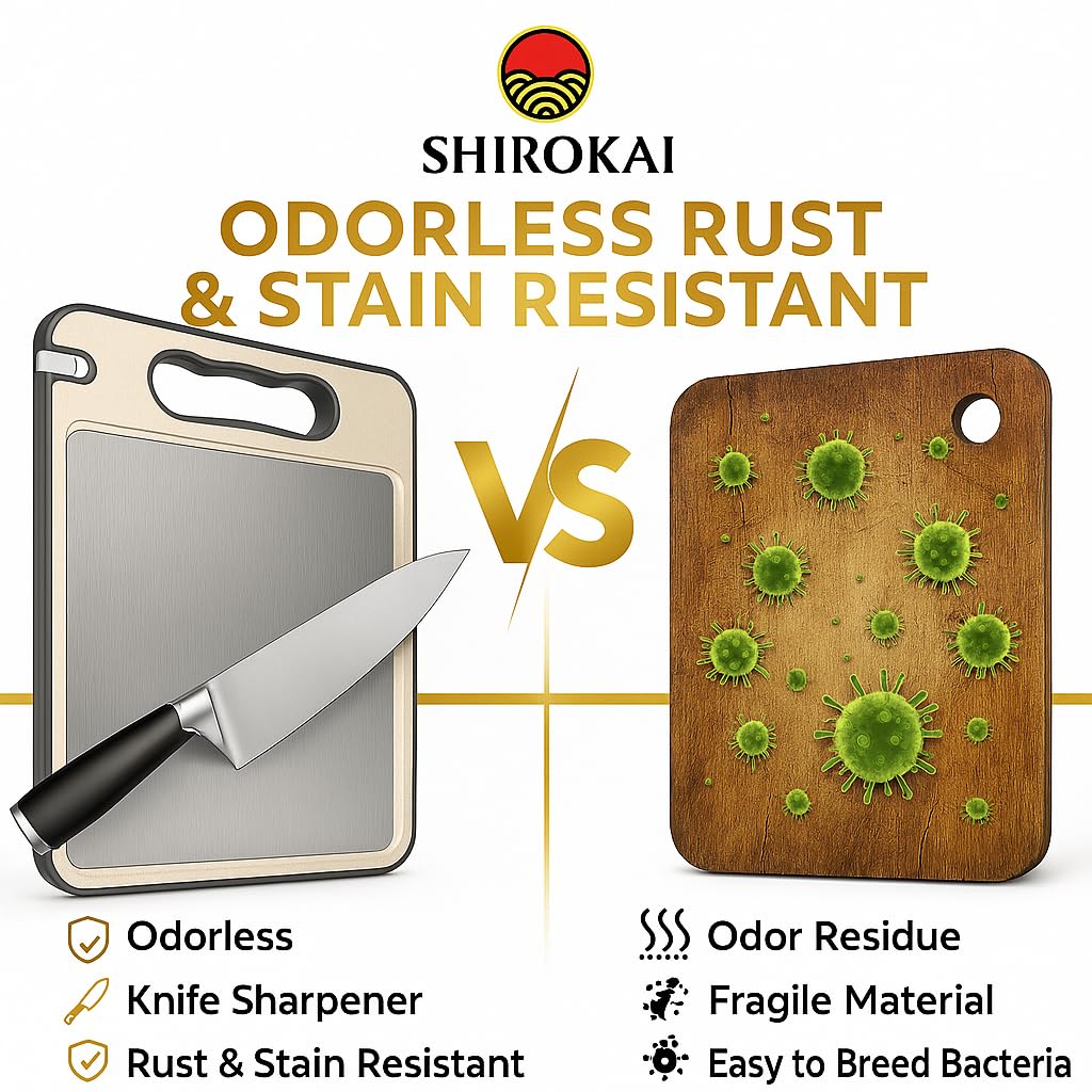 Shirokai Multi-Functional Double-Sided Cutting Board | Premium Titanium & Eco-Friendly Wheat Straw | BPA-Free, Non-Slip, Garlic Grinder, Juice Groove