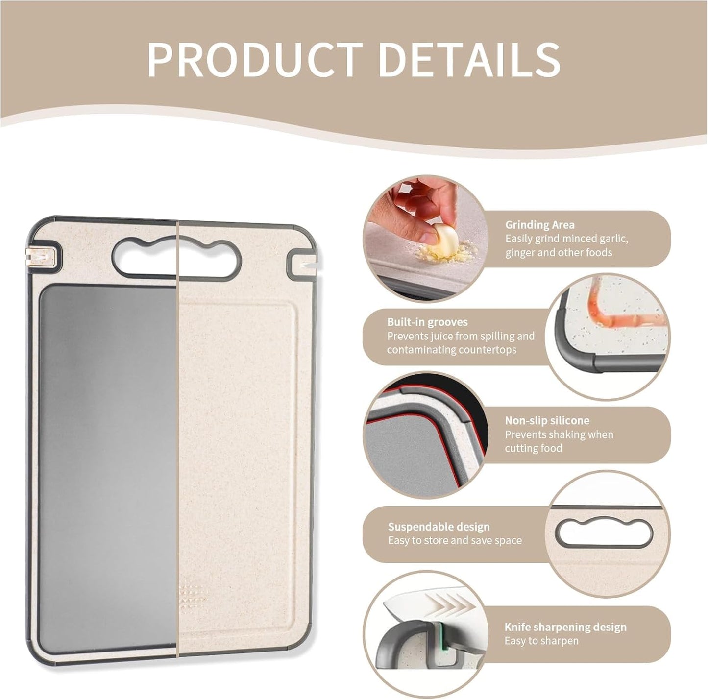 Shirokai Multi-Functional Double-Sided Cutting Board | Premium Titanium & Eco-Friendly Wheat Straw | BPA-Free, Non-Slip, Garlic Grinder, Juice Groove