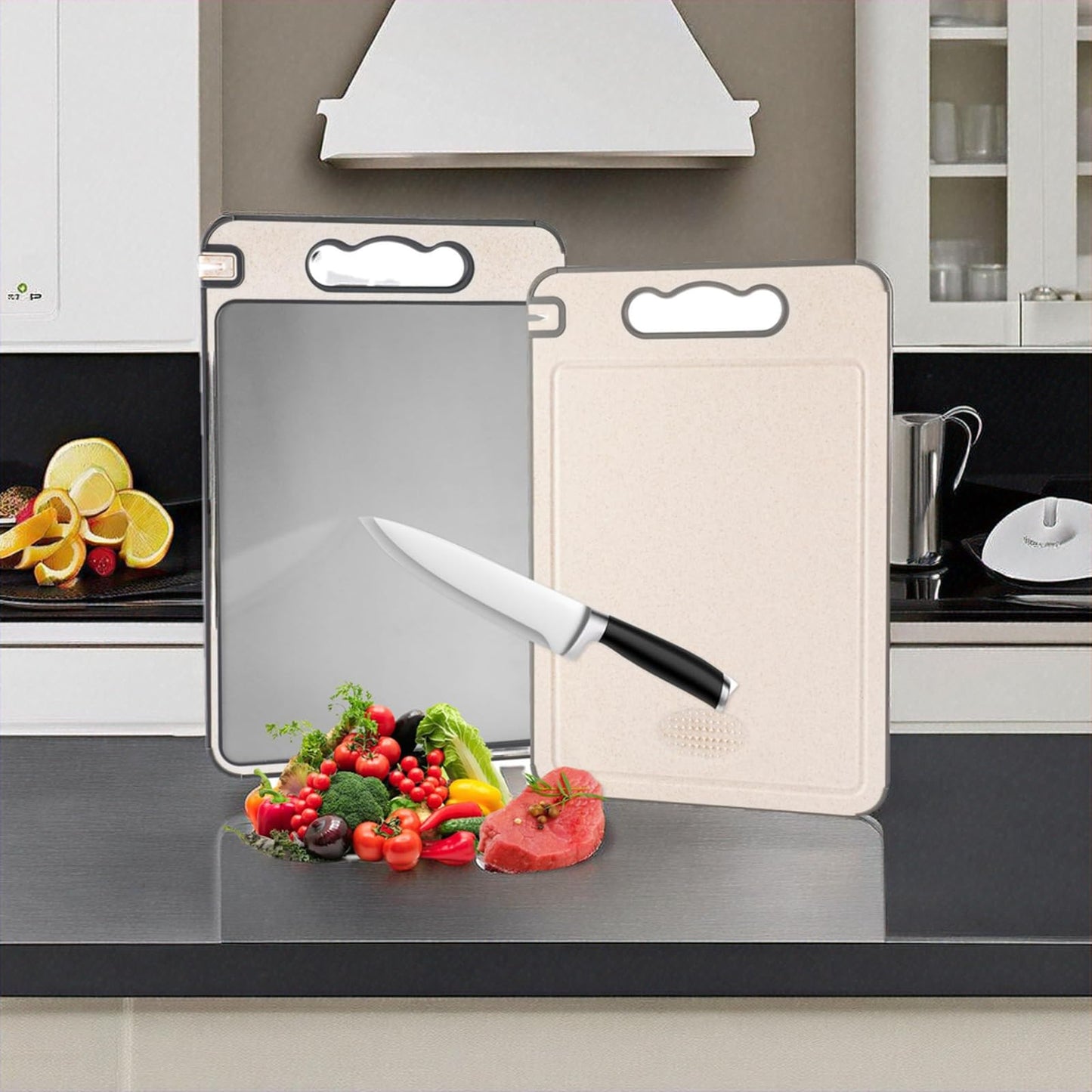 Shirokai Multi-Functional Double-Sided Cutting Board | Premium Titanium & Eco-Friendly Wheat Straw | BPA-Free, Non-Slip, Garlic Grinder, Juice Groove