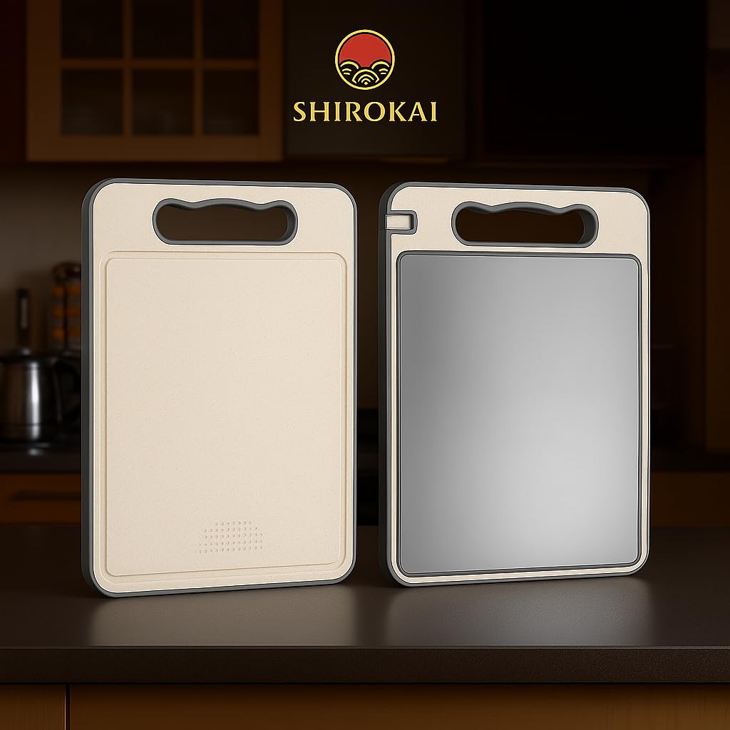Shirokai Multi-Functional Double-Sided Cutting Board | Premium Titanium & Eco-Friendly Wheat Straw | BPA-Free, Non-Slip, Garlic Grinder, Juice Groove
